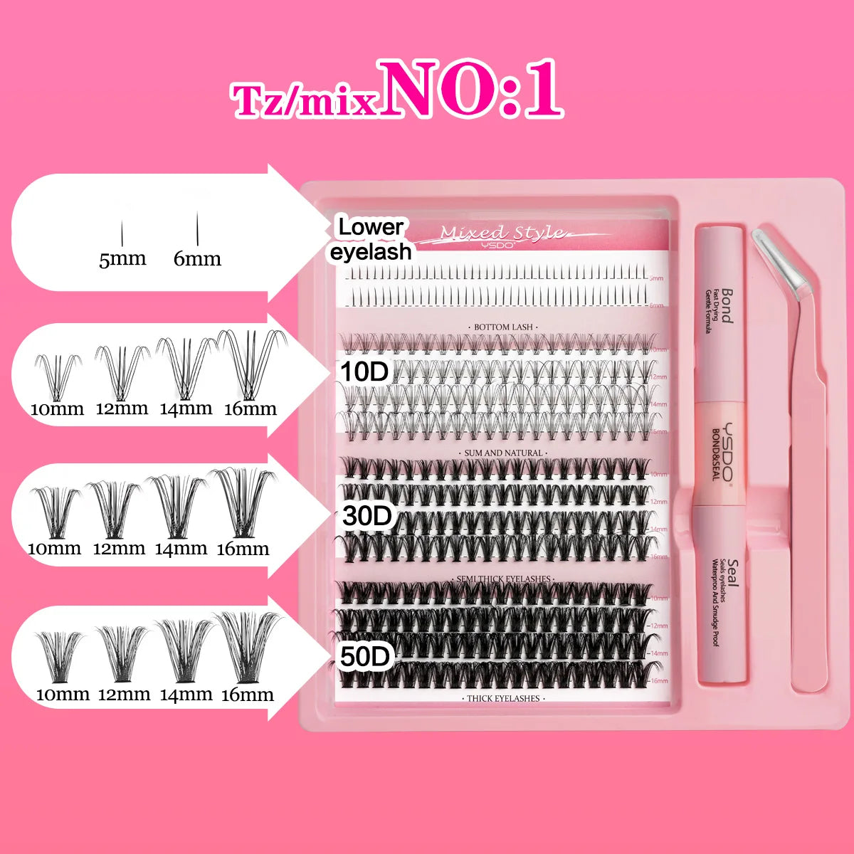 Lash Clusters Kit Individual Lash Extension Bond and Seal Glue Tweezers DIY Multi-type False Eyelashes Makeup Lash Applicator